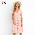 9 colour summer fashion V-collar button pocket Short Sleeve Dress